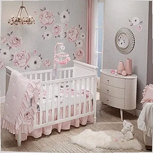 Floral Garden Watercolor/Pink Linen 5-Piece Baby Crib Bedding Set