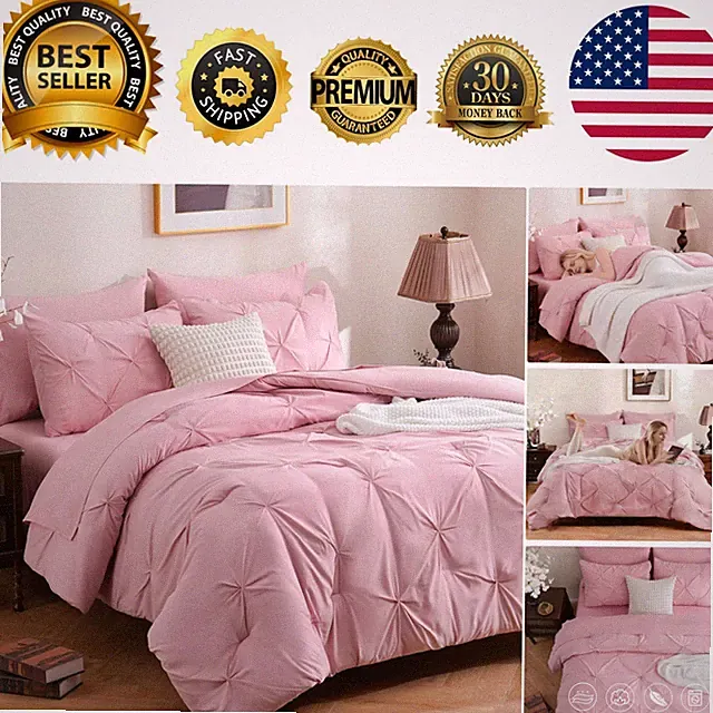 Gift-Ready 7-Piece Queen Bedding Set in Pink, Pintuck Design for Elegant Rooms