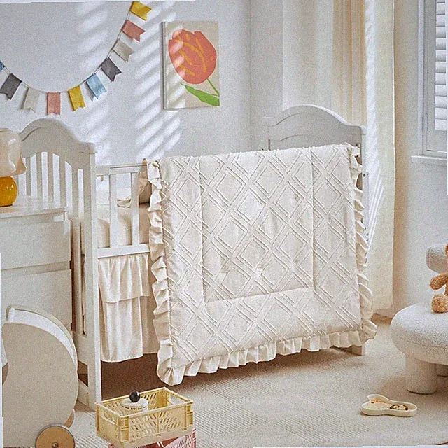 Mini Crib Bedding Set 3 Pieces Baby Boho Quilted Tufted Ruffles Comforter wit...