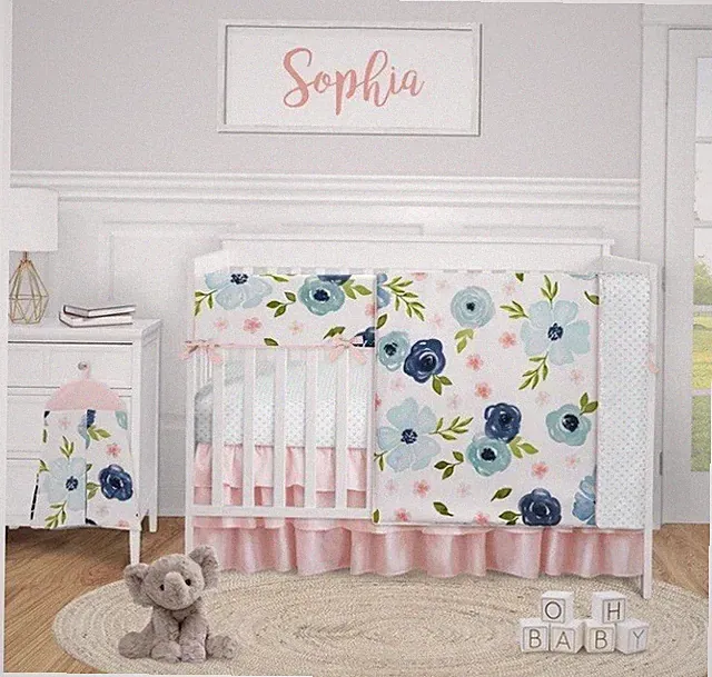 Navy Pink Watercolor Floral Baby Girl 5pc Nursery Crib Bedding Set by Sweet Jojo