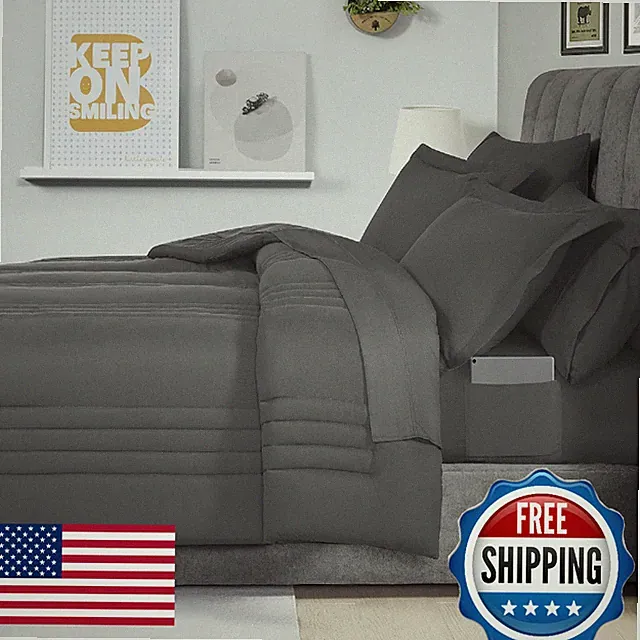Queen Comforter Set Quilted Stripe Bedding Bundle – Comforter, Mattress Protecto
