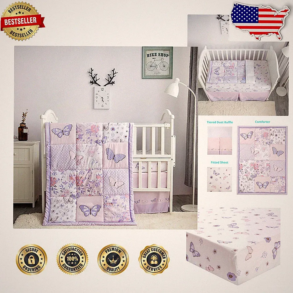 Shabby Chic Crib Bedding Set 3PC Girls Lilac Butterfly Floral Dust Ruffle