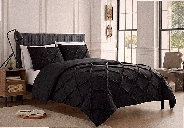 Sweet Home Collection 3 Piece Duvet Cover Pintuck Pinch Pleat Design - Black