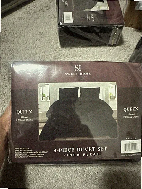 Sweet Home Collection 3 Piece Pinch Pleat Duvet Set, BLACK New