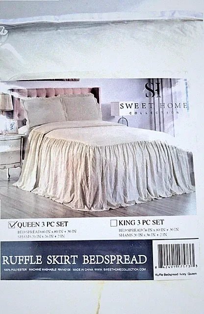 SWEET HOME RUFFLE SKIRT BEDSPREAD QUEEN SIZE 3 PIECE SET BRAND-NEW IVORY COLOR