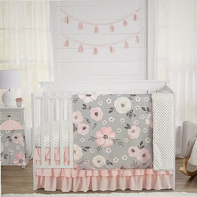 Sweet Jojo Designs Grey Watercolor Floral Baby Girl Nursery Crib Bedding Set...